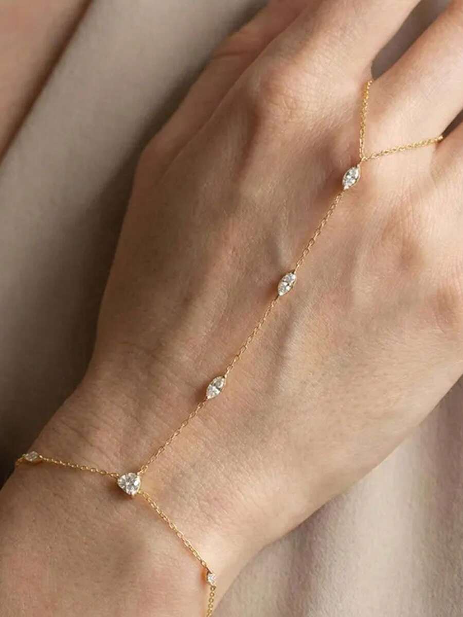 1pc Single Row Full Diamond Eye-Shaped Knuckle Ring Bracelet For Women, Luxury Minimalist Sparkly Accessory, Suitable For Beach Vacation - Gold - View 1