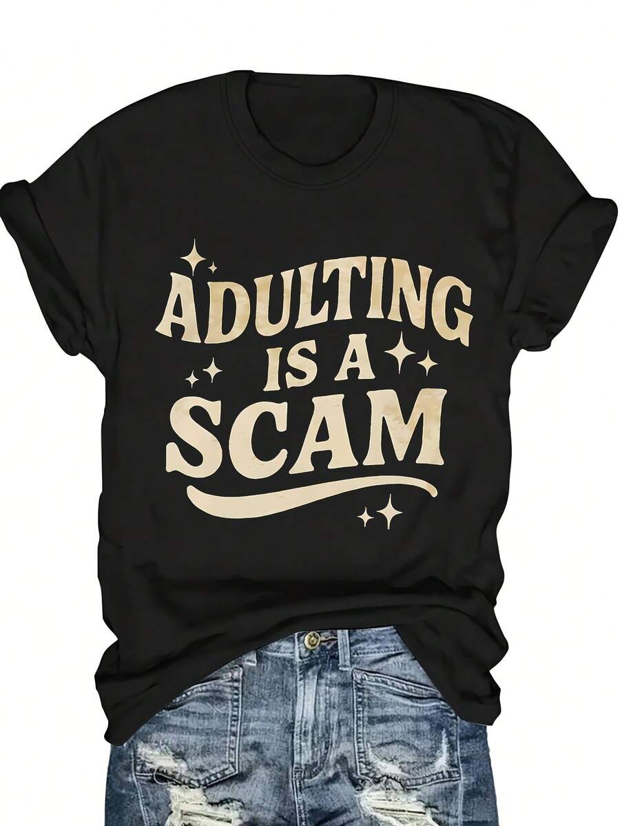 Unisex Short-Sleeved T-Shirt For Women. Funny Mixed Adult That Scam T-Shirt - Retro Humorous Slogan Short Sleeve Round Neck Blouse Suitable For Her Gift, Casual Statement Top For Daily Wear & Humor Clothing, Apparel Machine Washable Comfortable Everyday Men's Sportswear Sets, , , Dazymujer, Romwehombres, Bohochic,Maestrasregalos,Tisetaparaconjuntos De Mujer Con Curvasparamu,Y2k, - 黑色 - 查看 1