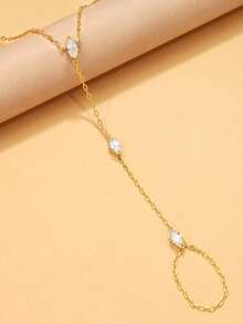 1pc Bohemian Style Diamond-Shaped Crystal Linked Finger Hand Chain, Simple Delicate Chain Bracelet For Daily Wear - Gold - View 4