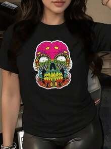 Women's T-Shirt With Mexican Skull Day Of The Dead Style, Colorful Motifs, Ideal For Parties, Halloween, Birthdays And Gifts - 黑色 - 查看 8