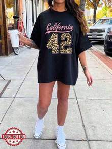 Camiseta de moda casual para mujer con estampado de leopardo y números California 42, estilo retro, hombro caído, ideal para primavera y verano - Negro - Ver 8