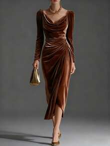 New Women's Long Dress, Made Of Shiny Velvet, Casual And Sexy Style, Long Sleeves, Pleated, Side Slit, Mermaid Cut, Flattering Design, Perfect For Parties And Special Nights - 玫紅色 - 查看 6