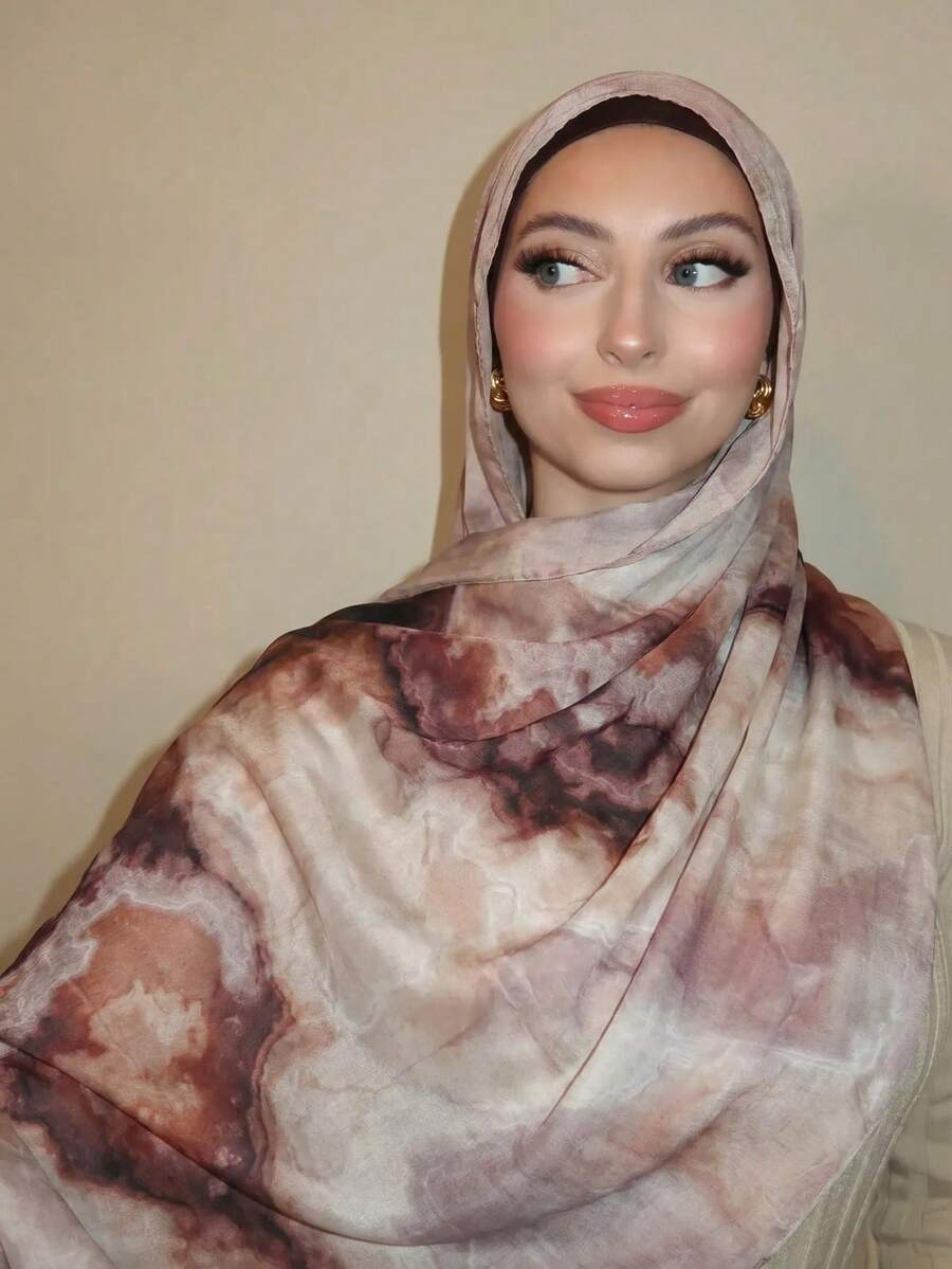 1pc Women's Bohemian Style Watercolor, Marble, Ripple, Tie-Dye Print Scarf Headscarf, Suitable For Daily Wear - Rusty Rose - View 1