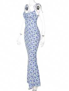 Popular Style Of Women's Long Dress With Small Floral Print - 藍色 - 查看 6