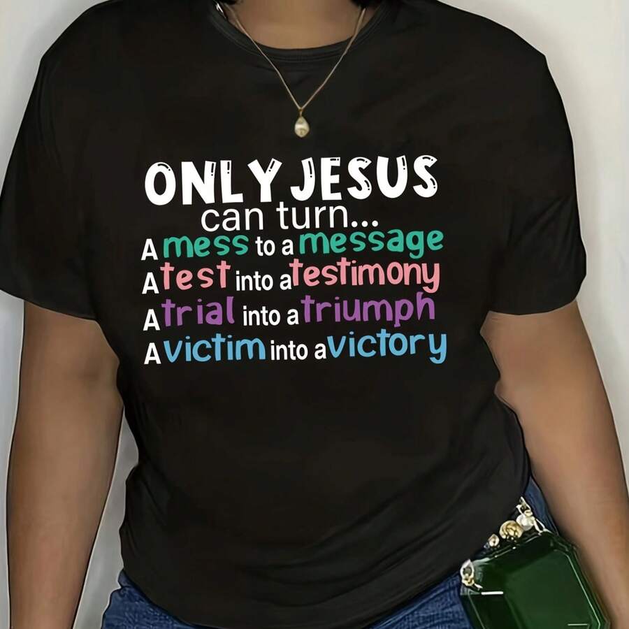 Graphic T-Shirt Large Size "Only " For Women - Round Casual Neckline, Short Sleeve, Polyester Blend, Machine Washable, Inspirational Text Design - 黑色 - 查看 1
