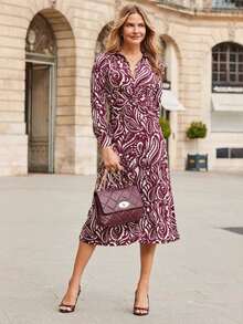 Vestido largo de manga larga para mujer, de otoño-invierno, estampado, diseño de botones con nudo/twist, corte ajustado y favorecedor, estilo casual y elegante, perfecto para el día y la noche - Burdeos - Ver 2