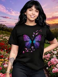 Elegant Women's Short-Sleeved Round Neck T-Shirt With Butterfly Print, Spring/Summer, Gift, Gift For Women, Birthday Gift, Elegant And Stylish, For Travel, Vacation, Parties, Pure Cotton Women's T-Shirt With Print. - 黑色 - 查看 1