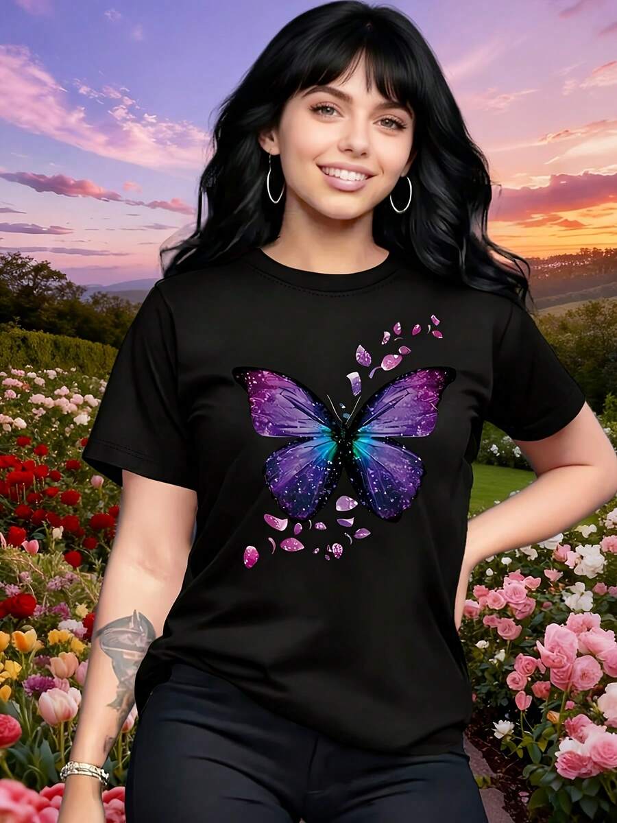 Elegant Women's Short-Sleeved Round Neck T-Shirt With Butterfly Print, Spring/Summer, Gift, Gift For Women, Birthday Gift, Elegant And Stylish, For Travel, Vacation, Parties, Pure Cotton Women's T-Shirt With Print. - 黑色 - 查看 1