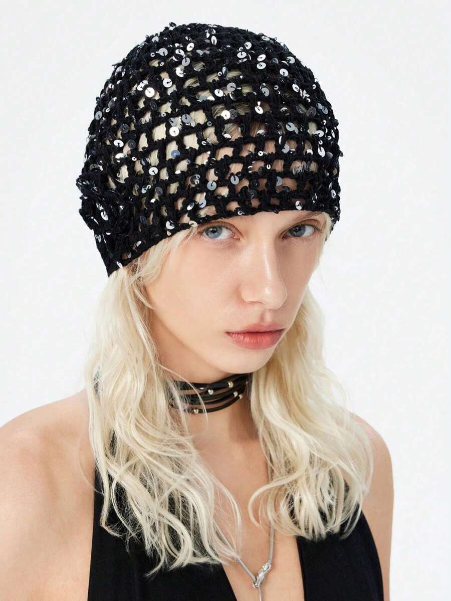 1 chiếc mũ len dệt kim đính sequin thời trang cổ điển dành cho nữ, kiểu dáng Y2K rỗng, thích hợp để đội hàng ngày. - Nhiều màu - Xem 1