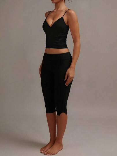 XLLAIS Women's Black Elastic Casual Sports Fitness Pants With Split Hem, Capri Length Summer
