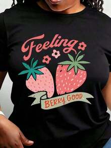 Gift: Women's Lightweight T-Shirt - Soft, Stretchy, And Lightweight, Featuring A Strawberry And Tropical Fruit Print And The Slogan "Feeling Berry Good". Machine Washable For Year-Round Comfort. 100% Cotton. - 黑色 - 查看 1