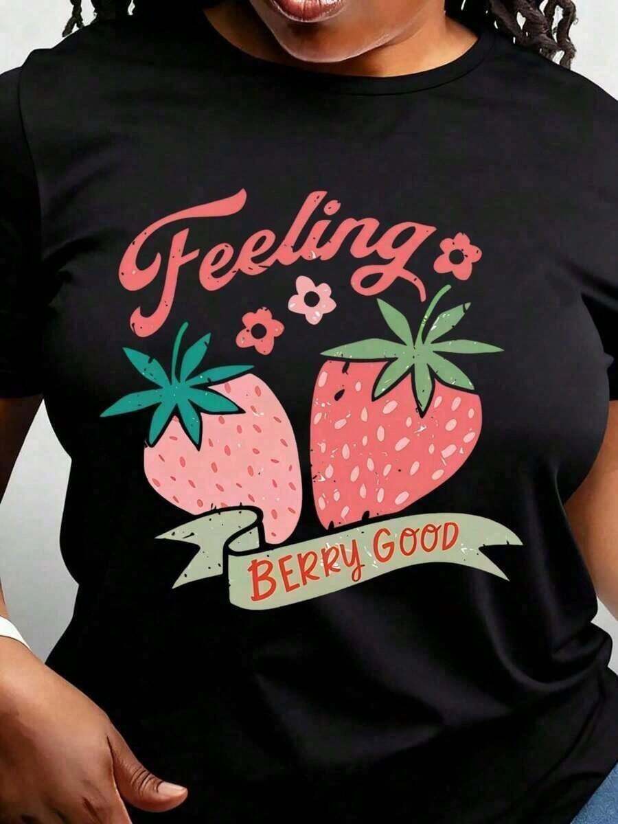 Gift: Women's Lightweight T-Shirt - Soft, Stretchy, And Lightweight, Featuring A Strawberry And Tropical Fruit Print And The Slogan "Feeling Berry Good". Machine Washable For Year-Round Comfort. 100% Cotton. - 黑色 - 查看 1