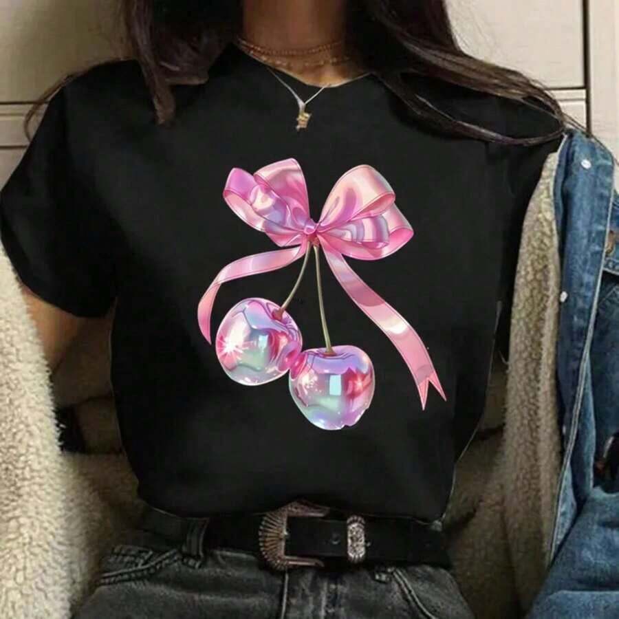 Gift: Women's Cherry Print T-Shirt, Round Neck, Short Sleeve, Casual Top, Regular Length, Knit Fabric, Fruit And Vegetable T-Shirts, Y2k Top, Casual T-Shirt For Men, Unisex Shirts, T-Shirts For Women, Soft - 黑白 - 查看 1