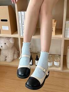 1/5 双女士纯色舒适透气简约休闲洛丽塔风格波点荷叶边短袜 - 彩色 - 查看 5