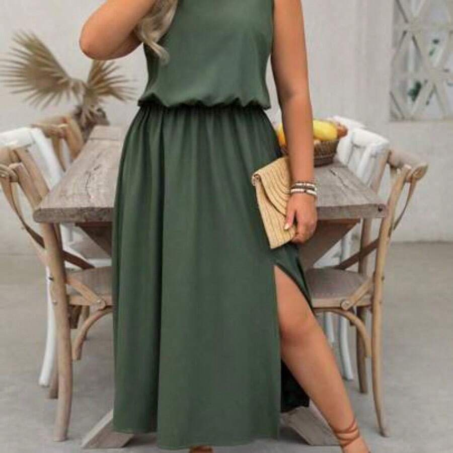 Plus Size LUNE Sleeveless Crew Neck Solid Color Casual Commute Dress, Waisted, Slit Hem, Suitable For Women - Verde - Ver 1