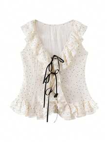 Chic Elegant Sheer Chiffon Top, V-Neck Frill Trim Polka Dot Top For Women, Summer Vacation - Apricot - View 7