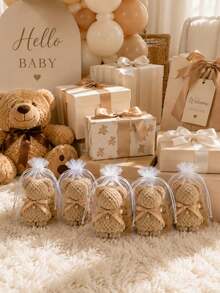 5pcs Teddy Bear Handkerchief Party Favor Set, Includes Gift Bag And Thank You Card, Bear-Shaped Towel, Suitable For Baby Shower, Birthday And Nursery Party Decoration - Multicolor - View 2