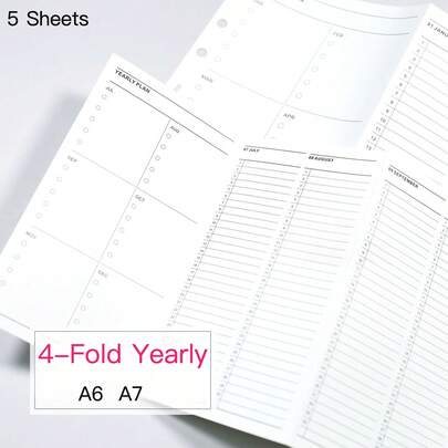 5pcs A6/A7 Foldable Annual Planner Refill Pages, 5pcs 6-Ring Binder Loose Leaf Inserts, Suitable For Yearly Schedule Management Planner, Student Planner