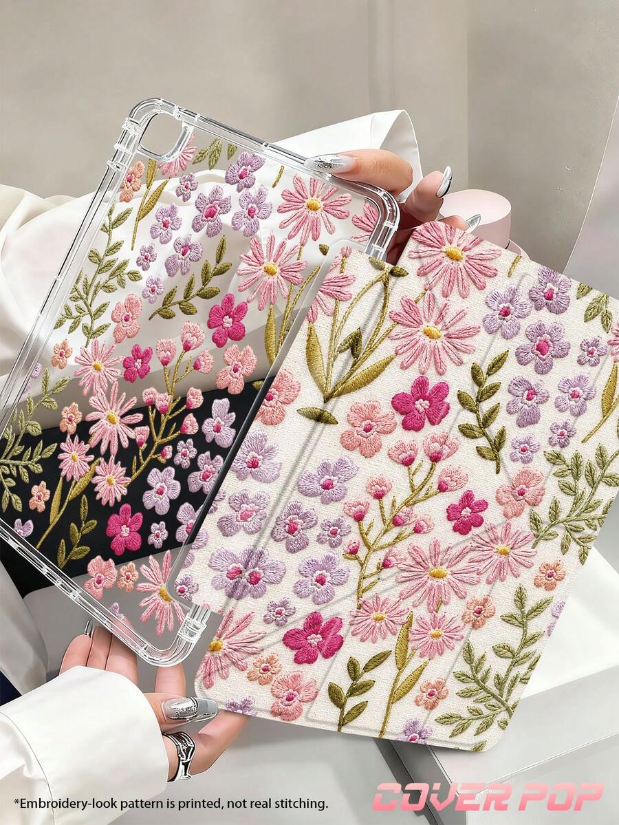 粉色花卉印花刺繡平板保護殼，相容 iPad Air 8(M4)2026(11吋)、Air 8(M4)2026(13吋)、Air 11吋 M3 2025/M2 2024、Air 第5代 2022、(A16) 11吋第11代 2025，相容 Galaxy Tab、Kindle Paperwhite 第12代 2024，透明背蓋時尚圖案保護殼，自動休眠/喚醒功能，氣墊防摔保護，適合禮品與辦公使用
