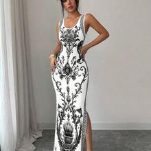 Elenzya Exquisite Printed Chinoiserie Waist-Cinching Slit Luxurious Retro Middle Eastern UAE Style Robe, Tight Fit, Multi-Color, Sleeveless, High-Quality Material Luxury Dresses For Women Best Selling Dresses Club Outfits For Women Dress Long Dresses For Women Bodycon Bodycon Dress Women - Multicolor - Ver 11
