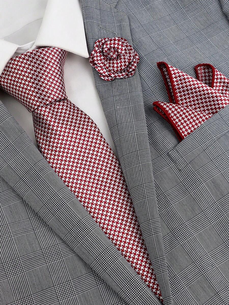 ZLQ&GOU 3Pcs Red Houndstooth Polyester Silk Men's Tie Set, Includes Tie, Pocket Square, Lapel Pin, Suitable For Wedding, Holiday, Formal Occasions - Red - View 1