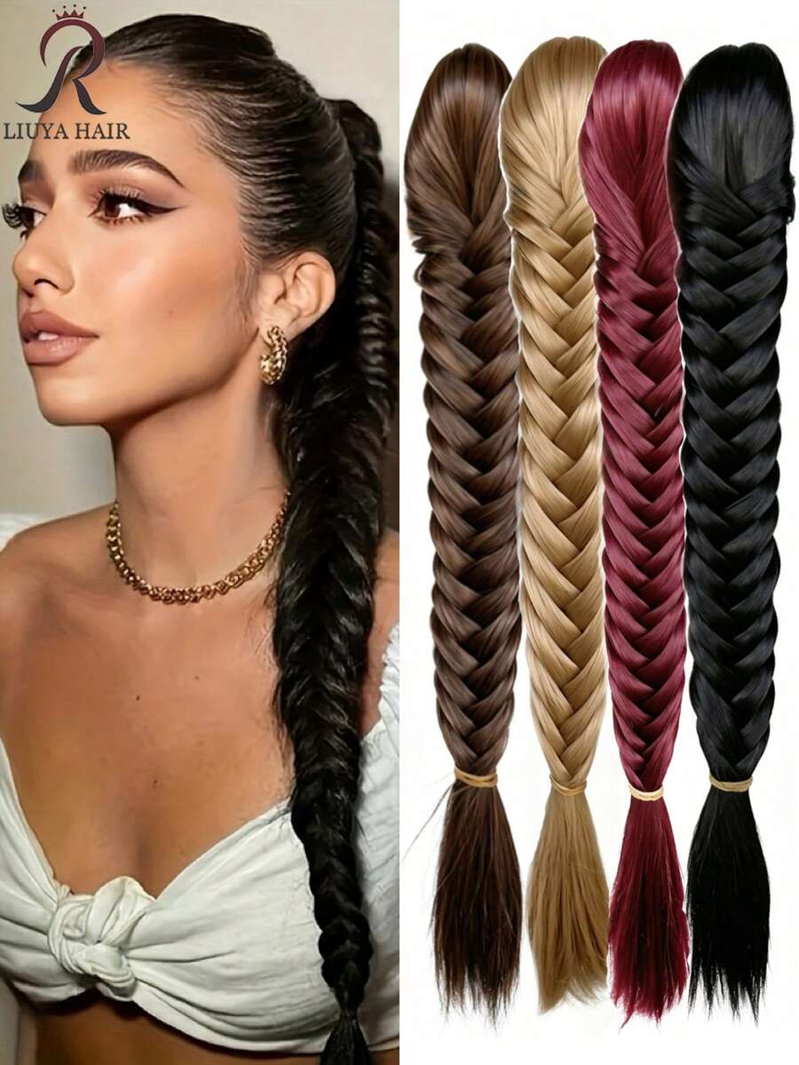 Tóc đuôi ngựa dài màu đen, kiểu tết xương cá, kẹp vào, làm từ sợi tổng hợp, dễ đeo, phù hợp với nhu cầu tăng độ dày tóc và tạo kiểu tóc dài hơn trong cuộc sống hàng ngày của phụ nữ.