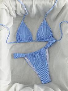 Bộ đồ bơi hai mảnh gợi cảm tối giản dành cho nữ, bikini buộc dây cổ in họa tiết sọc, thích hợp cho bãi biển, kỳ nghỉ, hẹn hò, bộ sưu tập mới mùa xuân/hè. - sọc dọc màu xanh và trắng - Xem 2