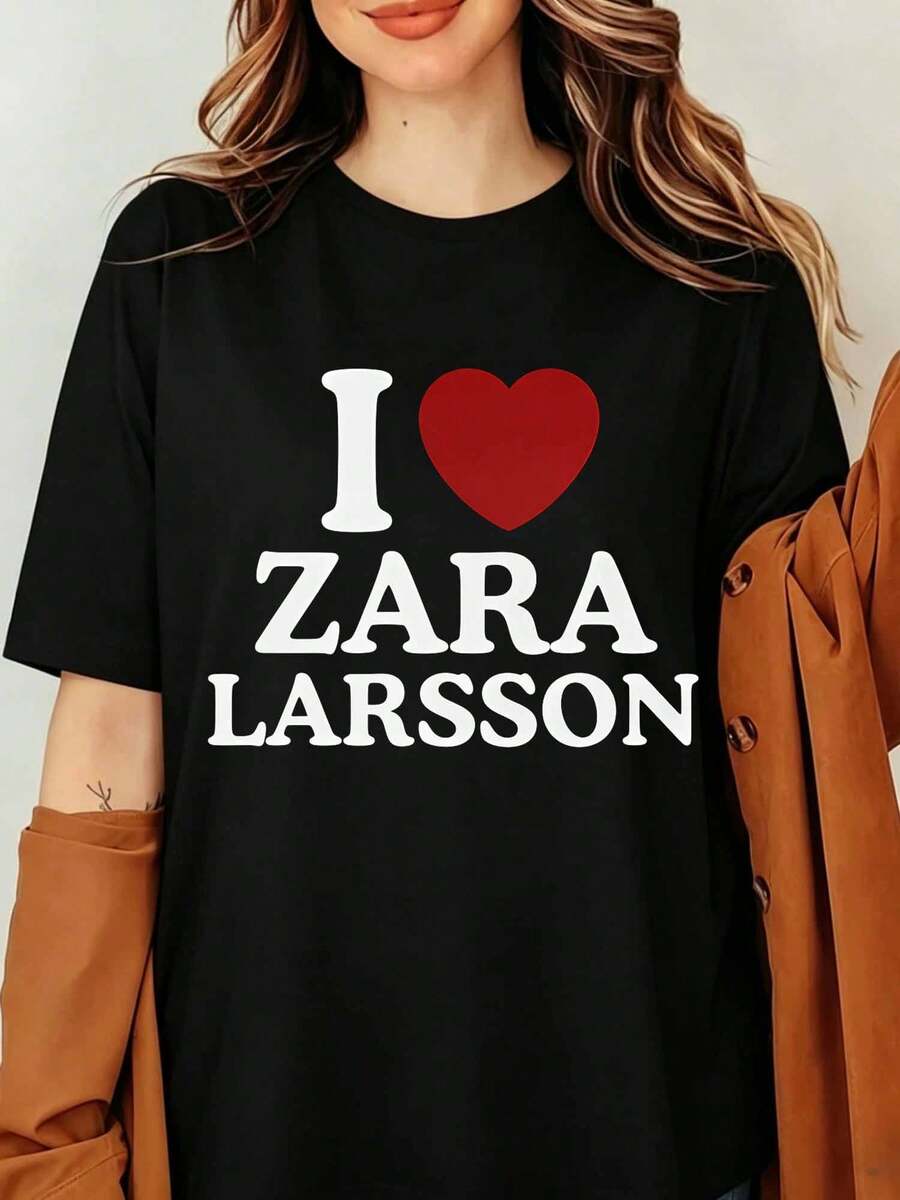 ZARAS LARSSON I Heart Love Graphic T-Shirt, Pop Singer Fan Unisex Cotton Tee, Minimalist Aesthetic Streetwear Black Short Sleeve Top, I Love Larsson Shirt - 黑色 - 查看 1