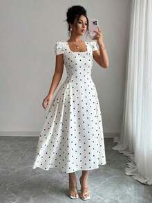 Vestido largo de mujer con cuello cuadrado, manga corta, plisado en la cintura y estampado de lunares elegante - Multicolor - Ver 8