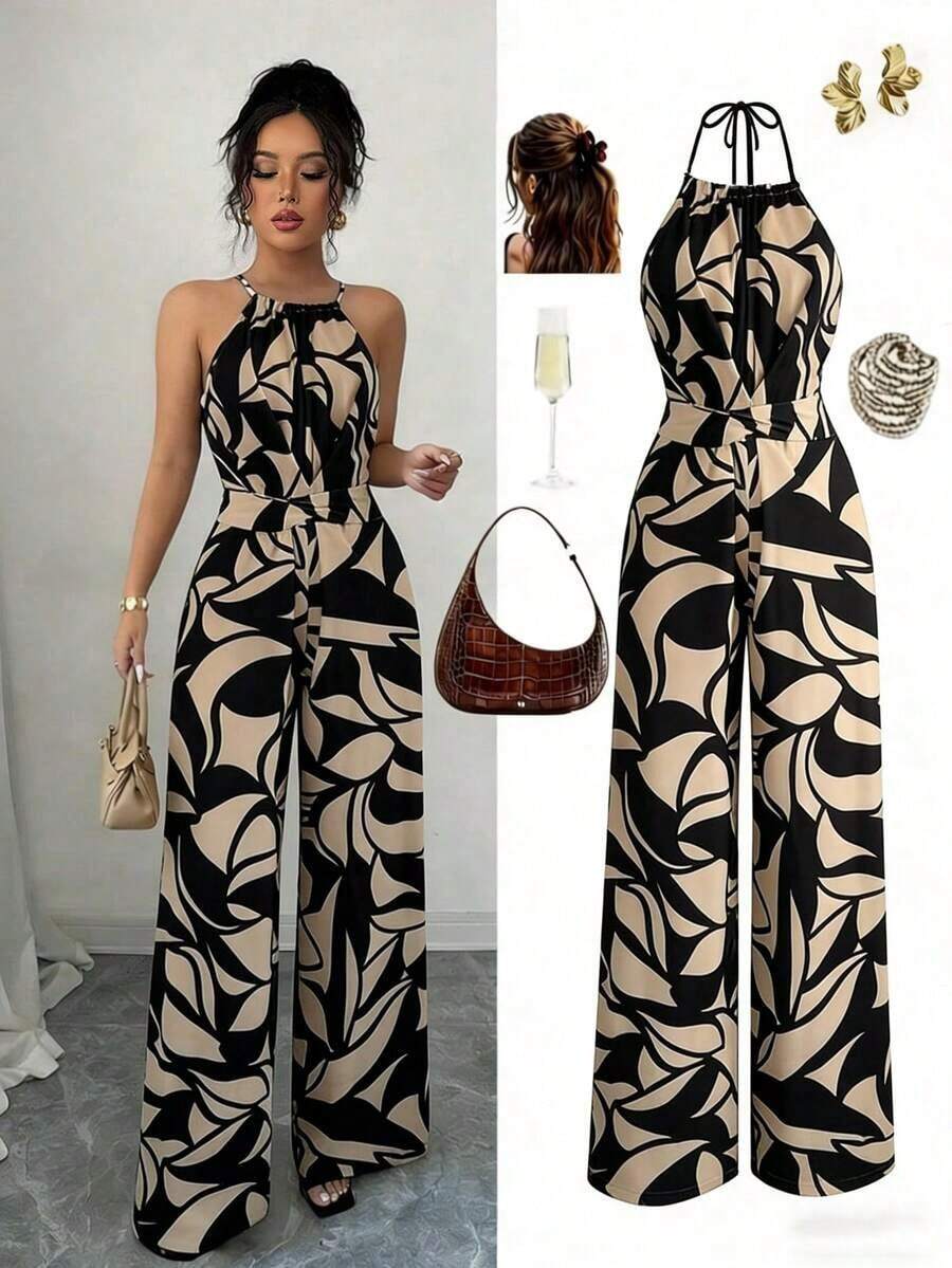 Mono con cintura entallada de tela estampada para mujer, elegante para vacaciones y uso diario con cuello de halter - Multicolor 5 - Ver 1