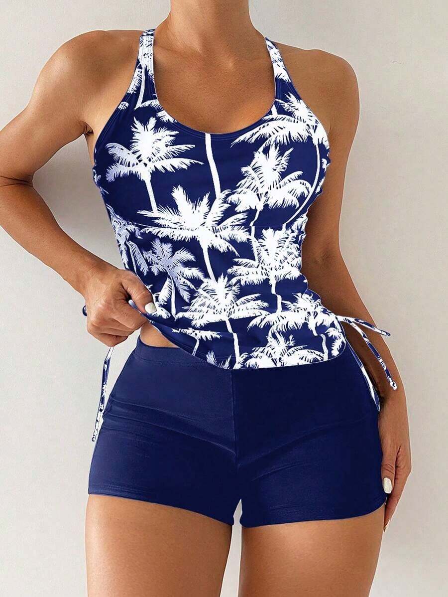 Bikini Estilo Chaleco Estampado Con Palmeras Para Mujer, Para Carnaval - Azul y blanco - Ver 1