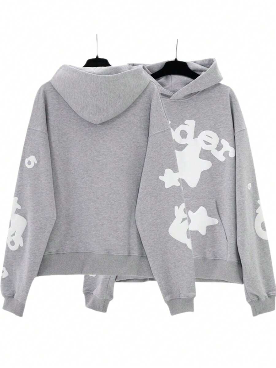 Autumn/Winter Y2K Street Style Star Print Hooded Sweatshirt, Casual And Stylish Pullover, Hooded Sweatshirt - 灰色 - 查看 1