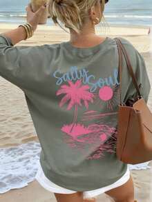 SALTY SOUL Camiseta de manga corta con cuello redondo para mujer, estampado de cocotero y sol, nueva colección primavera/verano, versátil y a la moda, esencial para uso diario y vacaciones.Camiseta Estampada de Vacaciones para Mujer - Hierba verde 2 - Ver 7