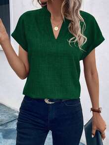 Camisa casual de mujer de manga corta con cuello entallado de unicolor, para verano - Verde Oscuro - Ver 6