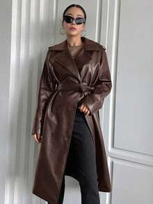 Abrigo de trinchera de piel de poliuretano con cinturón, cuello solapa y doble botonadura, estilo de moda callejera de unicolor para mujer, chaqueta de mujer de otoño, ropa de mujer de otoño - Óxido marrón - Ver 8