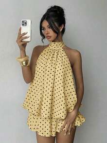 Vestido mini elegante de mujer con estampado de lunares y escote halter sin espalda - Amarillo claro - Ver 7