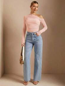 Camiseta de manga larga con cuello asimétrico plisado, ajustada, en color liso, para mujer, para primavera/otoño - Rosa - Ver 3