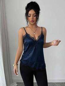 Camiseta de mujer de estilo francés elegante con contraste de color y encaje, con bajo asimétrico - Azul marino - Ver 4