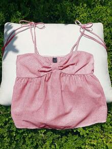 Camiseta sin mangas plisada y a rayas de verano para mujer, de estilo casual y vacacional - Rojo y blanco - Ver 5