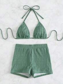 2 piezas Conjunto de bikini de unicolor con textura, tipo halter, adecuado para vacaciones de verano en la playa - Verde Oliva - Ver 4