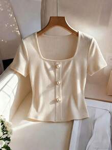 Camiseta elástica de manga corta con cuello cuadrado en color albaricoque sólido, diseño minimalista, adecuada para uso diario, con decoración de botones, diseño minimalista, para verano, versátil - Albaricoque - Ver 6