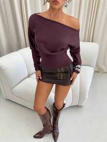 Suéter morado de manga larga, cuello asimétrico y hombros descubiertos, de punto ajustado para mujer, para otoño/invierno - Morado - Ver 5