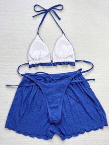 Conjunto de bikini de 3 piezas con parte superior de atar al cuello, estampado de lunares y shorts, con volantes, para mujer, para playa de verano - azul real - Ver 2
