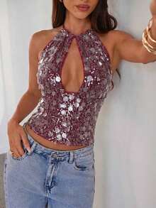 Nuevo camisol de tirantes finos con espalda descubierta y lentejuelas rosas para mujer, elegante y sexy, ideal para el Día de San Valentín, fiestas y viajes - Granada - Ver 6