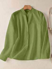 Camisa de mujer de unicolor con cuello en V y botones - Blusa casual y elegante de manga larga con detalle de bolsillo, adecuada para vacaciones, viajes y uso diario, artículo esencial para todas las temporadas de primavera - Verde - Ver 3