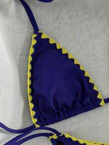 Bikini de mujer de unicolor con escote halter y lazos, estilo sexy, minimalista y elegante para playa, vacaciones, viajes y fiestas, nueva colección primavera/verano - capullo azul tibetano - Ver 5