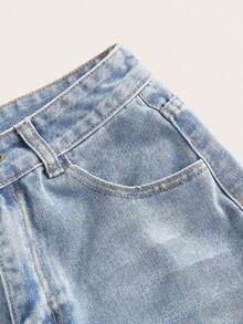 Pantalones cortos vaqueros de cintura alta enrollados para el verano - Celeste - Ver 5
