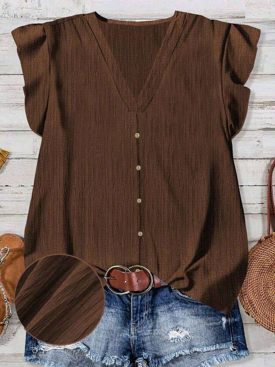 Camisa minimalista casual para mujer, adecuada para el verano - Marrón - Ver 1
