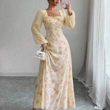 Women's Printed Square Neck Long Sleeve Elegant Summer Dress - Amarillo - Ver 1