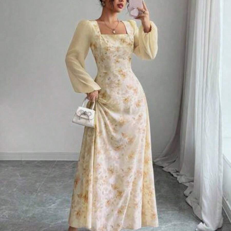 Women's Printed Square Neck Long Sleeve Elegant Summer Dress - Amarillo - Ver 1